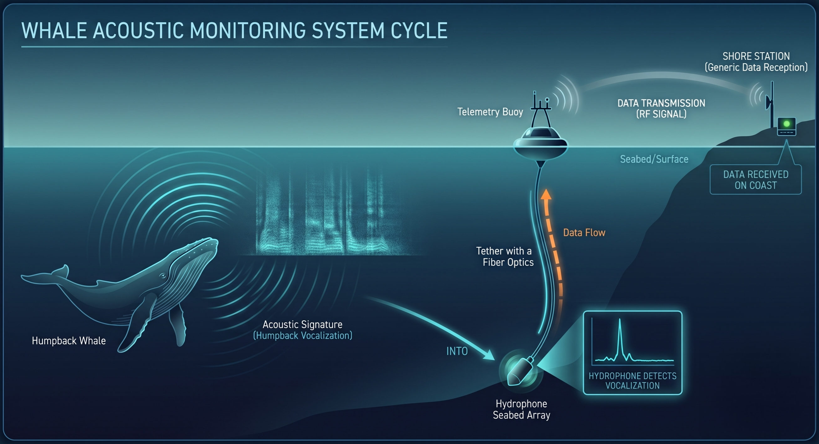 Diagram showing acoustic signal chain: whale vocalizes underwater, sound waves travel to a hydrophone buoy, data transmits to a shore station